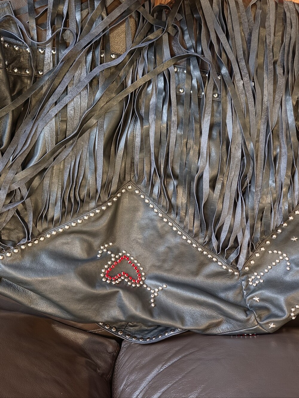 Nasty Gal Black Leather Fringe Jacket with Red Heart Studs - Picture 5 of 9